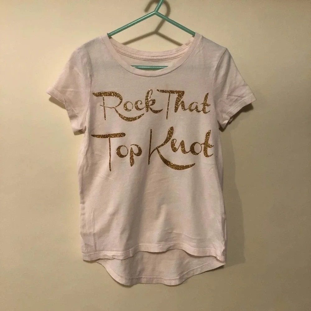 Old Navy Graphic T-Shirt Girls S 6-7‎ Pink Good Rock That Top Knot Glitter Hem